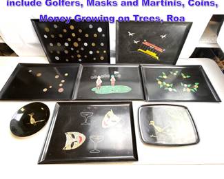 Lot 1299 8 COUROC Trays, Bowl. Themes include Golfers, Masks and Martinis, Coins, Money Growing on Trees, Roa
