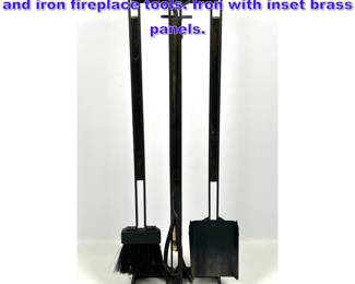 Lot 727 Vintage Mid Century Modern brass and iron fireplace tools. Iron with inset brass panels. 