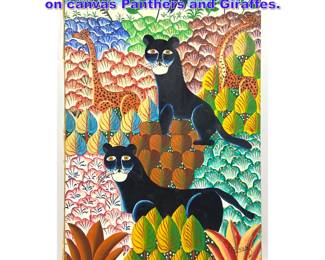 Lot 1173 E. R. VIELOT Haitian folk artist, oil on canvas Panthers and Giraffes.