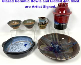 Lot 1341 6pc American Studio Pottery. Glazed Ceramic Bowls and Lidded Jar. Most are Artist Signed.