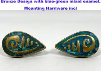 Lot 814 Pr Teardrop Shaped Bronze Pulls. Bronze Design with bluegreen inlaid enamel. Mounting Hardware incl