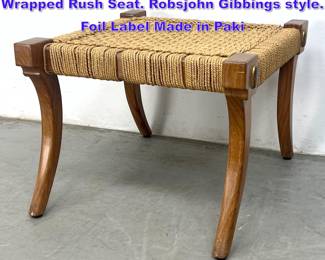 Lot 884 Wood Frame Klismos Bench. Woven Wrapped Rush Seat. Robsjohn Gibbings style. Foil Label Made in Paki