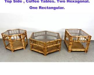 Lot 1134 3pc Bamboo Rattan Wrapped Glass Top Side , Coffee Tables. Two Hexagonal. One Rectangular. 