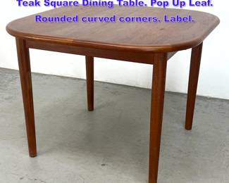Lot 1217 DIETHELM SCANSTYLE Modern Teak Square Dining Table. Pop Up Leaf. Rounded curved corners. Label. 