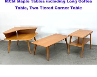 Lot 1227 3pc HEYWOOD WAKEFIELD Tables. MCM Maple Tables including Long Coffee Table, Two Tiered Corner Table 