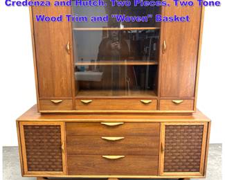 Lot 1169 LANE Perception Walnut Buffet Credenza and Hutch. Two Pieces. Two Tone Wood Trim and Woven Basket