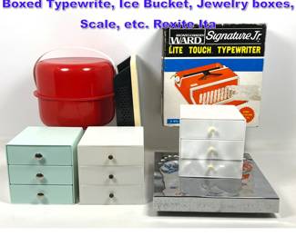 Lot 1335 Mid Century Modern Plastic Items. Boxed Typewrite, Ice Bucket, Jewelry boxes, Scale, etc. Rexite Ita