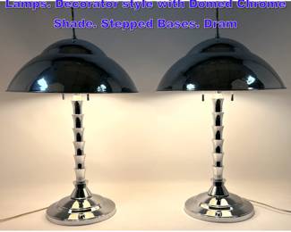 Lot 904 Pr Chrome Palm Tree Design Table Lamps. Decorator style with Domed Chrome Shade. Stepped Bases. Dram