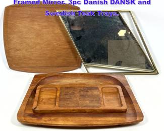 Lot 1345 Modernist Lot. Diamond Shaped Framed Mirror. 3pc Danish DANSK and Swedish Teak Trays. 
