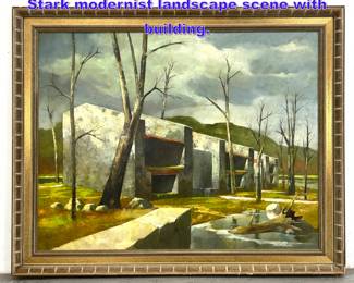 Lot 912 Ralph Sharff Painting on Board. Stark modernist landscape scene with building.