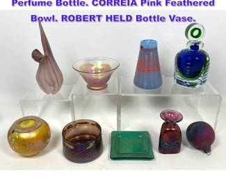Lot 1286 9pc Studio Art Glass. Dramatic Perfume Bottle. CORREIA Pink Feathered Bowl. ROBERT HELD Bottle Vase.