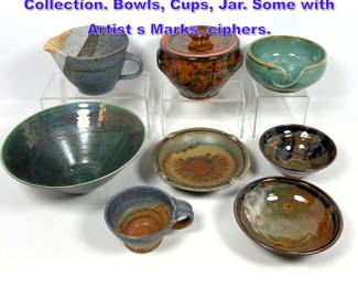 Lot 1344 8pc Glazed Ceramic Artisan Studio Collection. Bowls, Cups, Jar. Some with Artist s Marks, ciphers. 