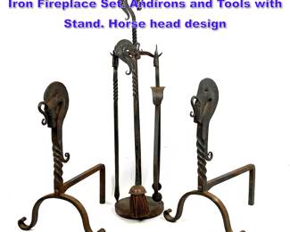 Lot 819 Samuel Yellin Style Hand Forged Iron Fireplace Set. Andirons and Tools with Stand. Horse head design