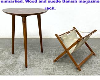 Lot 1262 2pcs Guitar pick side table unmarked. Wood and suede Danish magazine rack.