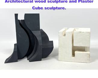 Lot 789 2pcs Abstract Modern sculpture. Architectural wood sculpture and Plaster Cube sculpture. 