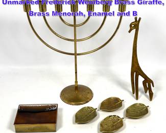 Lot 1298 Mid Century Modern Metal Lot. Unmarked Frederick Weinberg Brass Giraffe, Brass Menorah, Enamel and B