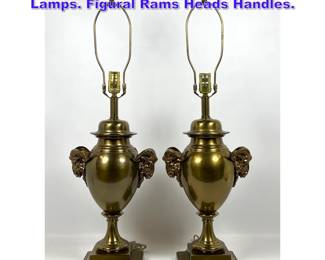 Lot 742 Pr Brass Classical style Brass Table Lamps. Figural Rams Heads Handles. 