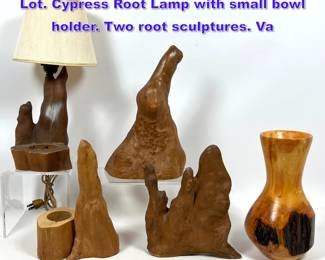 Lot 1348 5pc Wood and Cypress Root MCM Lot. Cypress Root Lamp with small bowl holder. Two root sculptures. Va