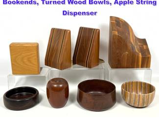 Lot 1351 8pc Wood Artisan Made Items. Bookends, Turned Wood Bowls, Apple String Dispenser 