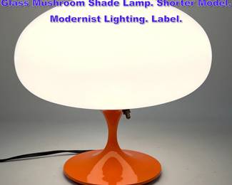 Lot 1211 DESIGNLINE Orange Enamel Base Glass Mushroom Shade Lamp. Shorter Model. Modernist Lighting. Label. 