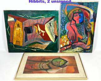 Lot 1155 3pcs abstract Modern Paintings. Hibbits, 2 unsigned. 