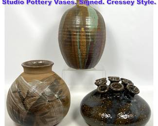 Lot 747 3pcs American Glazed Earthen Studio Pottery Vases. Signed. Cressey Style.
