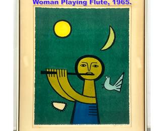 Lot 1067 LAZAR VUJAKLIJA lithograph print Woman Playing Flute, 1965.