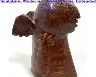 Lot 860 Small Figural Bronze Angel Sculpture. Modernist. Raised Arms. Extended Wings. 