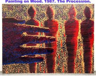 Lot 1265 Very Large Chipped Carved Painting on Wood. 1987. The Procession. 
