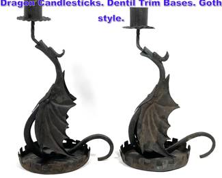 Lot 817 Pr Wrought Iron Figural Winged Dragon Candlesticks. Dentil Trim Bases. Goth style. 