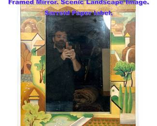 Lot 1094 SARREID Hand Painted Leather Framed Mirror. Scenic Landscape Image. Sarreid Paper label. 