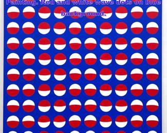 Lot 774 TIM RAY FISHER Modernist OP ART Painting. Red and white wave dots on blue background. 