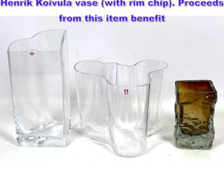 Lot 1296 3pc Finnish vases. Alvar Aalto. Henrik Koivula vase with rim chip. Proceeds from this item benefit