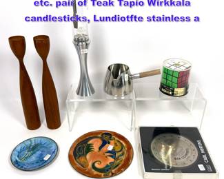 Lot 1314 7pc MCM objects Tapio Wirkkala etc. pair of Teak Tapio Wirkkala candlesticks, Lundiotfte stainless a