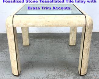 Lot 1219 Maitland Smith style Dining Table. Fossilized Stone Tessellated Tile Inlay with Brass Trim Accents. 