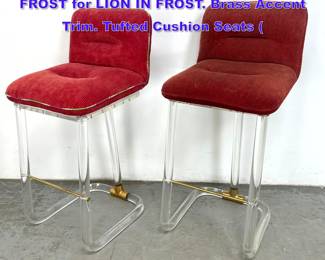 Lot 1002 Pr Lucite Swivel Bar Stools. LEON FROST for LION IN FROST. Brass Accent Trim. Tufted Cushion Seats 