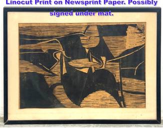 Lot 1072 Coonley 1961 Modernist Abstract Linocut Print on Newsprint Paper. Possibly signed under mat. 