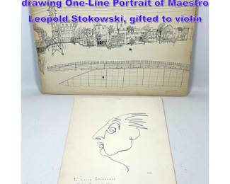 Lot 980 2pcs Drawings. BEN WOLF ink drawing OneLine Portrait of Maestro Leopold Stokowski, gifted to violin