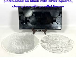 Lot 1312 3 Vintage glass serving plates.black on black with silver squares, clear glass with parallel lines u