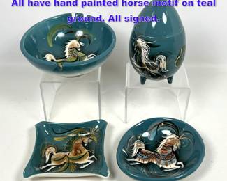 Lot 1308 4pc SASCHA BRASTOFF Pottery. All have hand painted horse motif on teal ground. All signed. 