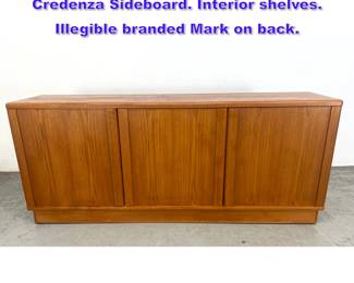 Lot 1190 Three Door Teak Modernist Credenza Sideboard. Interior shelves. Illegible branded Mark on back. 
