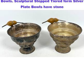 Lot 832 2pc EMILIA CASTILLO Hummingbird Bowls. Sculptural Stepped Tiered form Silver Plate Bowls have stone 