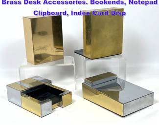 Lot 777 Paul Evans Cityscape Chrome and Brass Desk Accessories. Bookends, Notepad Clipboard, Index Card Disp