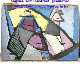 Lot 876 Thomas Eldred abstract painting on canvas. semiabstract, geometric composition of two figures in ha