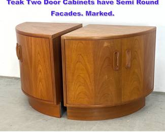 Lot 1274 Pr G plan Fresco corner cabinets. Teak Two Door Cabinets have Semi Round Facades. Marked. 