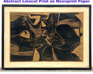 Lot 1073 Signed Coonley 1961 Modernist Abstract Linocut Print on Newsprint Paper 
