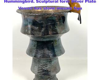 Lot 829 EMILIA CASTILLO Stepped Vase. Hummingbird. Sculptural form Silver Plate Vessel has stone mosaic figu