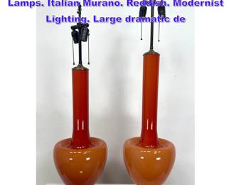 Lot 1113 Pr Long Necked Art Glass Table Lamps. Italian Murano. Reddish. Modernist Lighting. Large dramatic de