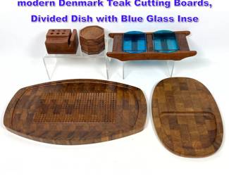 Lot 1349 Mid Century Modern lot. Danish modern Denmark Teak Cutting Boards, Divided Dish with Blue Glass Inse