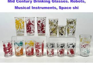 Lot 1318 14pcs 40s50s Vintage Space Age Mid Century Drinking Glasses. Robots, Musical Instruments, Space shi